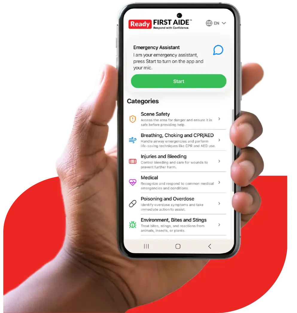 Person of color holding the ready first aide app on a phone